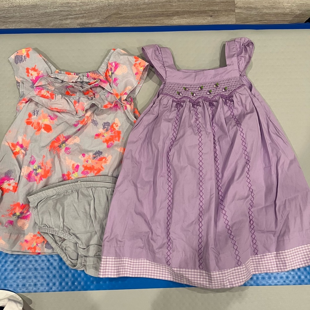 Set of two dress and diaper cover sets. Cute purple, grey and neon orange. NWOT